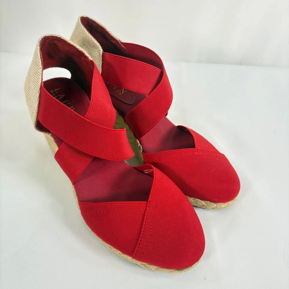 Lauren Ralph Lauren Espadrille Wedge Sandals Red Canvas Elastic Straps Wom 7.5